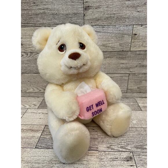RUSS Love Pals - Get Well Soon Plush Teddy Bear Cream Colored w/ Pink Tissue Box - Picture 2 of 10